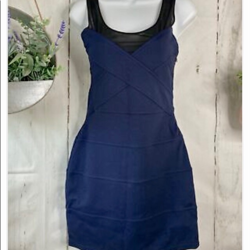 Express Navy with Black Sheer Accent Body Con Dress  Flattering Seaming Detail